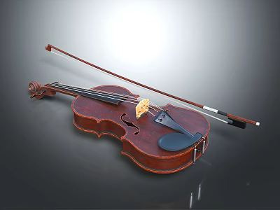Classical Wooden Violin Musical Instrument with Glossy Surface and Bow on Gray Background 3d model