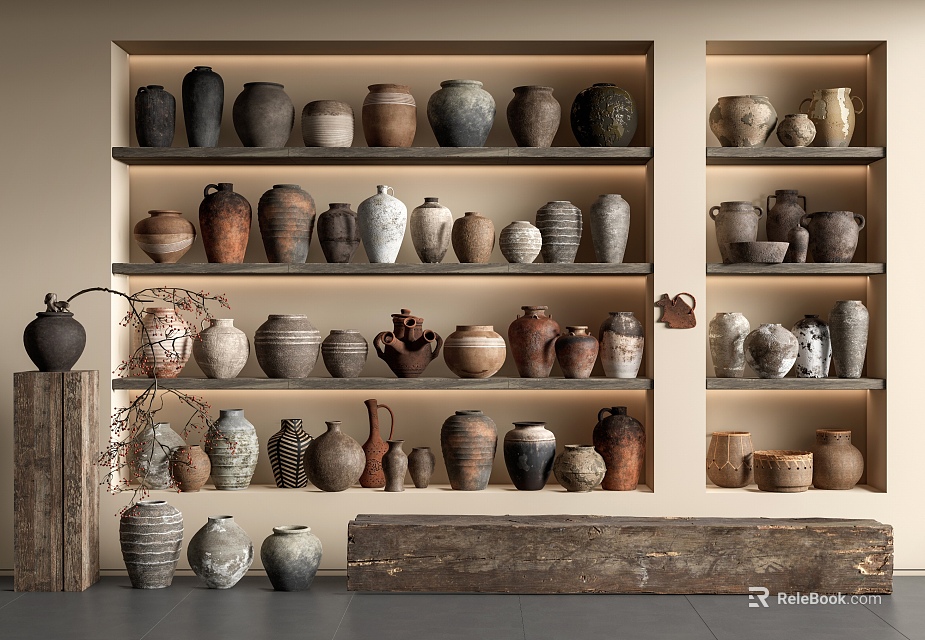 Traditional Ceramic Vessels Display On Shelves With Various Sizes And Shapes 3d model 