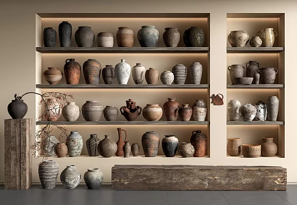 Quiet Pottery Pot Ceramic Utensils Pottery Pot Ornaments Combination Tea Pot Old Wood Bench 3d model