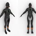 Black Full Body Suit Featuring Orange Stripes Helmet And Face Mask