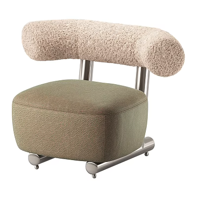 Modern Single Seater Sofa Featuring Beige Fluffy Backrest Olive Green Fabric Seat And Metal Wheels 3d model