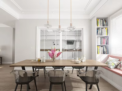 Modern Restaurant Interior With Long Wooden Table Transparent Chairs Pink Flowers Bookshelves And Pendant Lights 3d model