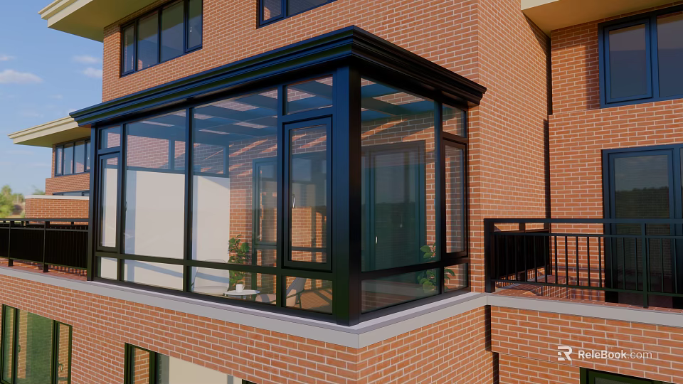 Glass Sunroom Attached To Red Brick Building With Black Frame And Glass Windows 3d model 