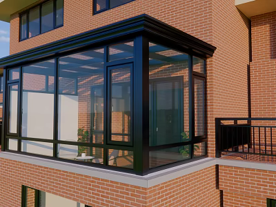 Glass Sunroom Attached To Red Brick Building With Black Frame And Glass Windows 3d model