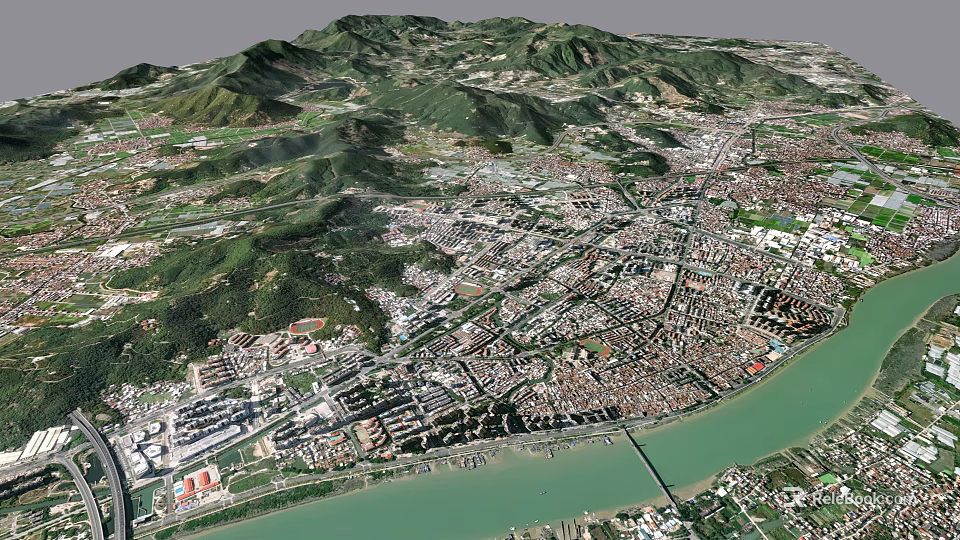 Birds Eye View Urban Planning Showcasing Mountain River And Urban Area With Buildings Roads 3d model 