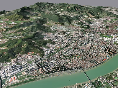 Birds Eye View Urban Planning Showcasing Mountain River And Urban Area With Buildings Roads 3d model