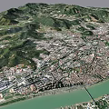 Birds Eye View Urban Planning Showcasing Mountain River And Urban Area With Buildings Roads
