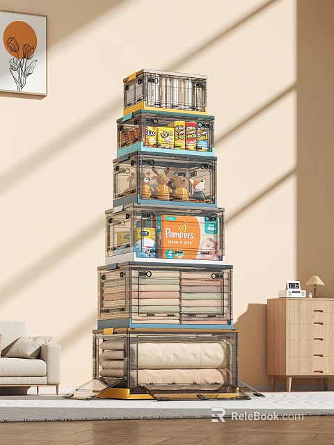 Transparent Stackable Storage Bins With Cans Snacks Towels For Home Organization 3d model 