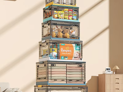 Transparent Stackable Storage Bins With Cans Snacks Towels For Home Organization 3d model