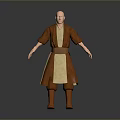 Man in Brown Robe with Beige Inner Garment Bald Head Standing Pose Gray Background