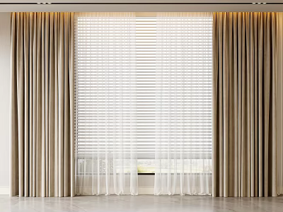 Modern Beige Double Layer Curtains With Sheer Blinds In Bright Room 3d model