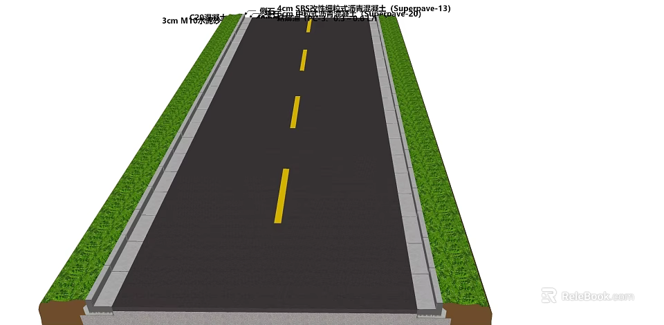 Well Designed Road Facilities Featuring Asphalt Pavement Yellow Center Lines Curb and Grass Verge 3d model 