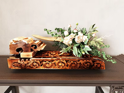 Wooden Carved Decorative Ornament Set with White Flower Arrangement and Green Leaves on Carved Stand 3d model