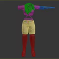 Fashionable Outfit Featuring Green Scarf Light Colored Shorts Colorful Belt And Silver Leg Guards