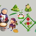 Traditional Zongzi Themed Hanging Decorations with Green Reed Leaves and Family Making Scene