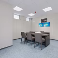 Contemporary Office Space Featuring Dark Table Gray Chairs White Walls Square Lights TV And Windows