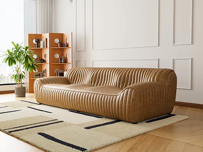 Three Seater Sofa In Brown Striped Leather With White Wall Wooden Bookshelf And Green Plant 3d model