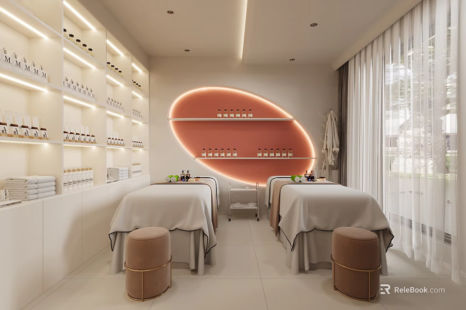 Luxury SPA Sauna Space Featuring Massage Beds Aromatherapy Oils And Warm Lighting 3d model 