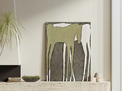 Modern Wall Art With Green Gray Horse Design And Potted Plant Decor 3d model