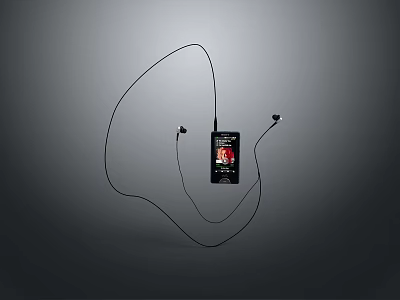 Black MP3 Player With Earphones Featuring Red Screen And Curved Cable 3d model