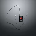 Black MP3 Player With Earphones Featuring Red Screen And Curved Cable 3d model