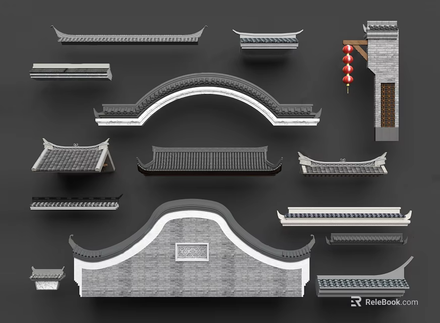 Chinese Traditional Architecture Components With Roof Parts Eaves And Tile Elements 3d model 