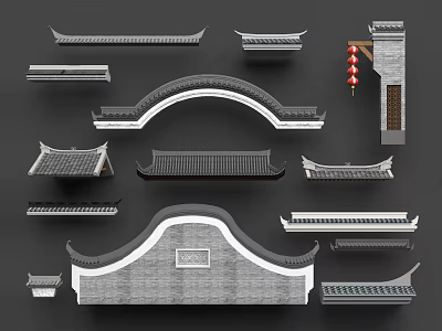 Chinese Traditional Architecture Components With Roof Parts Eaves And Tile Elements 3d model