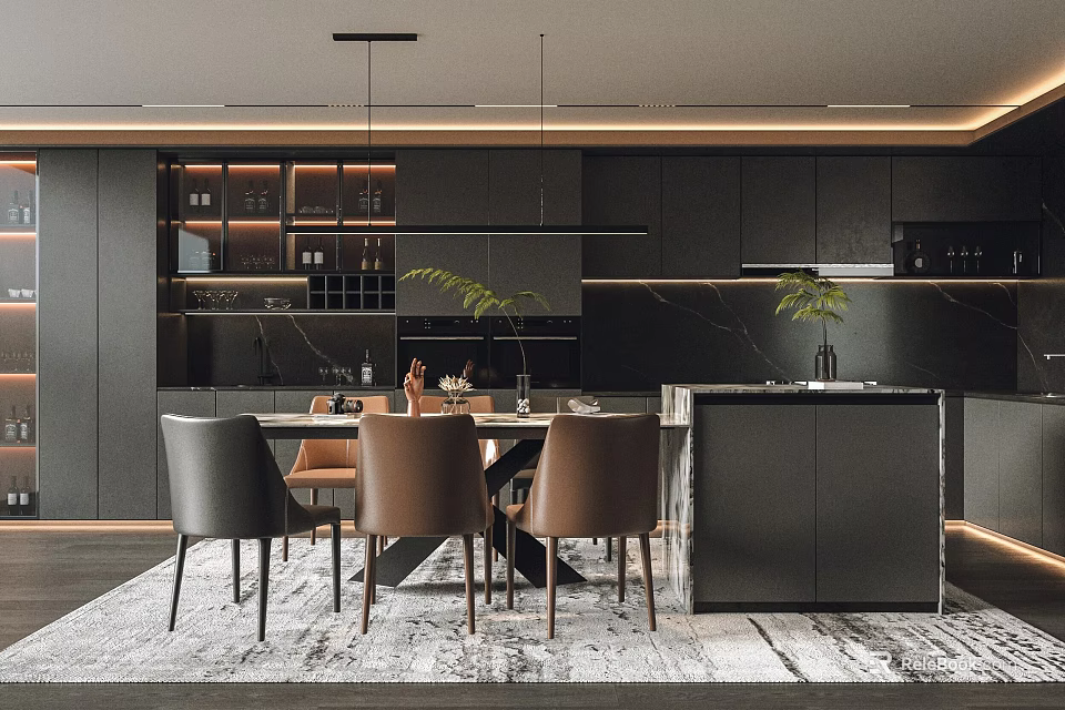 Modern Restaurant Interior Featuring Dark Dining Table Leather Chairs Pendant Lights And Decorative Plants 3d model 