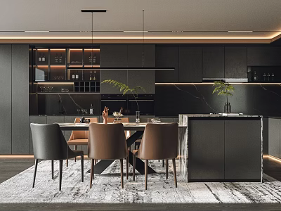 Modern Restaurant Interior Featuring Dark Dining Table Leather Chairs Pendant Lights And Decorative Plants 3d model