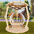 Wooden Spherical Hanging Chair In Outdoor Garden With Green Plants And Flower Beds On Lawn