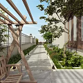 Modern Courtyard Garden Design With Paved Floor Green Plants And Canopy Seating Area