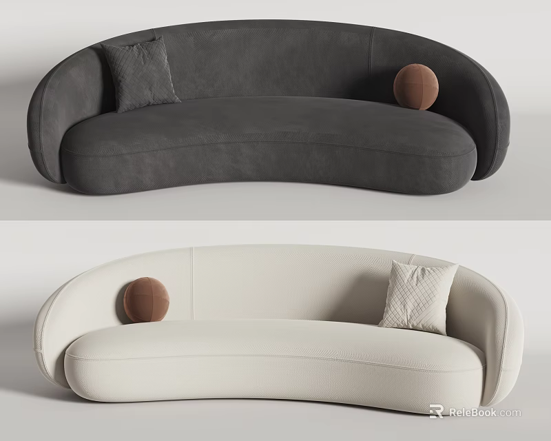 Curved Sectional Sofa in Dark Gray and Cream White with Pillow and Round Cushion 3d model 