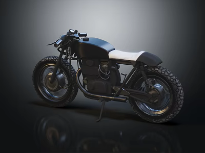 Custom Black Motorcycle With White Seat Large Retro Wheels And Sleek Design 3d model