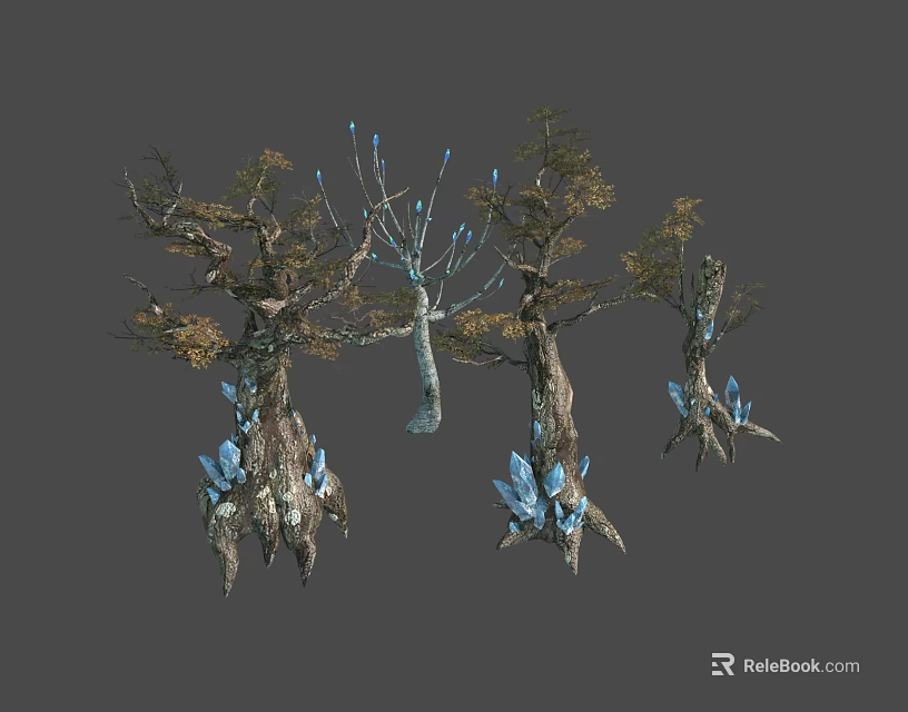 Mystical Natural Trees With Blue Crystal Growths Branches And Dried Leaves 3d model 