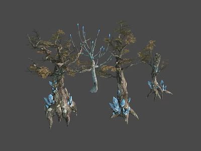 Mystical Natural Trees With Blue Crystal Growths Branches And Dried Leaves 3d model