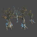 Mystical Natural Trees With Blue Crystal Growths Branches And Dried Leaves