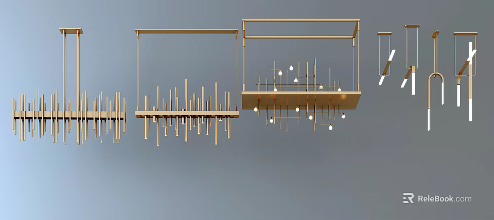 Modern Metal Chandeliers With Linear Frame Structures And Hanging Light Bulbs Design 3d model 
