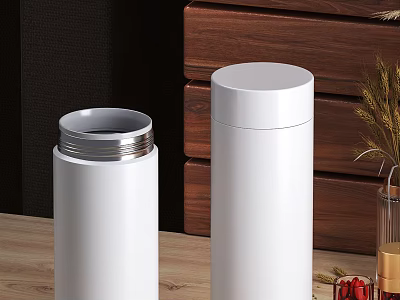White Cups With Silver Lids On Wooden Tabletop And Decorative Background 3d model