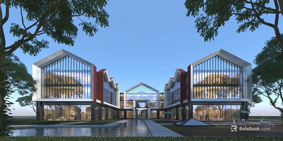 Modern Commercial Street With Glass Facades And Gabled Roofs Open Courtyard Pool And Tree Surroundings 3d model 