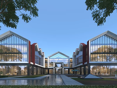 Modern Commercial Street With Glass Facades And Gabled Roofs Open Courtyard Pool And Tree Surroundings 3d model