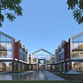 Modern Commercial Street With Glass Facades And Gabled Roofs Open Courtyard Pool And Tree Surroundings