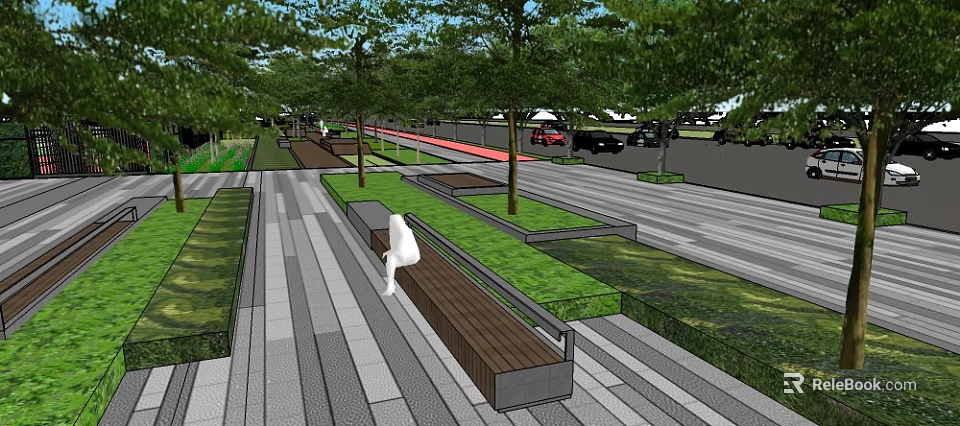 Urban Roadside Facilities With Benches Trees Green Landscaping And Pedestrian Walkways 3d model 