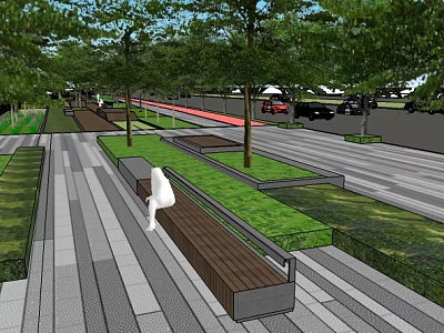 Urban Roadside Facilities With Benches Trees Green Landscaping And Pedestrian Walkways 3d model