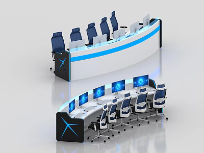 Modern Control Room Setup With Curved Console Multiple Monitors And Blue Lighting 3d model