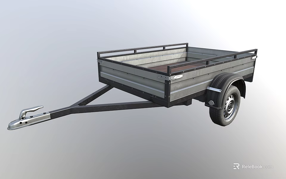 Metal Frame Open Bed Trailer With Hitch And Single Wheel For Transport 3d model 
