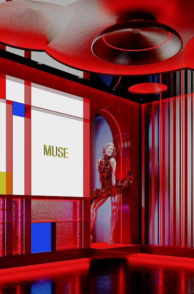 MUSE Bar Stylish Interior Design With Red Decor And Elegant Female Figure 3d model