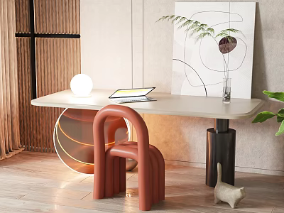 Elegant Modern Desk With Red Chair White Lamp Tablet Green Plant And Artwork 3d model