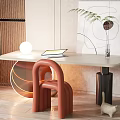 Elegant Modern Desk With Red Chair White Lamp Tablet Green Plant And Artwork
