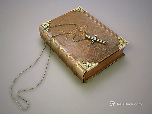 Antique Brown Book With Golden Corner Decorations And Cross Necklace On Cover 3d model 