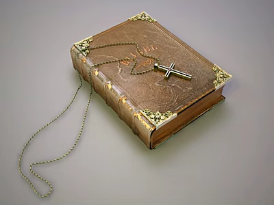 Antique Brown Book With Golden Corner Decorations And Cross Necklace On Cover 3d model